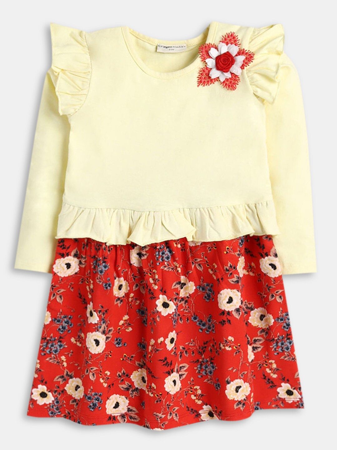 

Hopscotch Yellow & Red Floral Cotton A-Line Dress With Corsage Detail