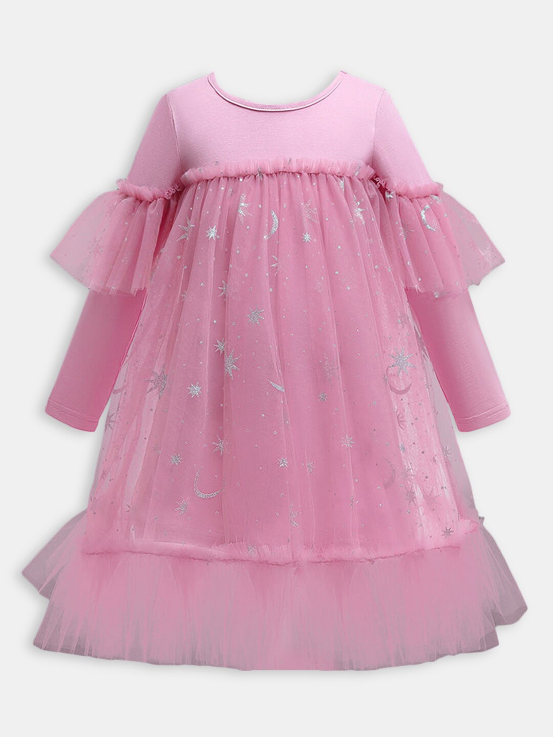 

Hopscotch Girls Pink Self Design Full-Sleeve Party Dress