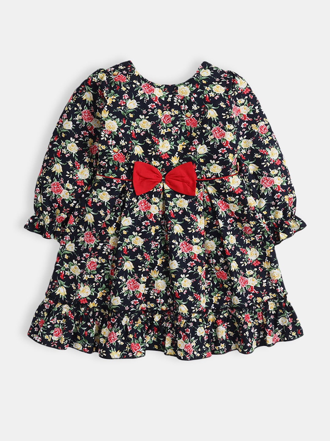 

Hopscotch Girls Navy Blue & Yellow Floral Printed Pure Cotton Dress