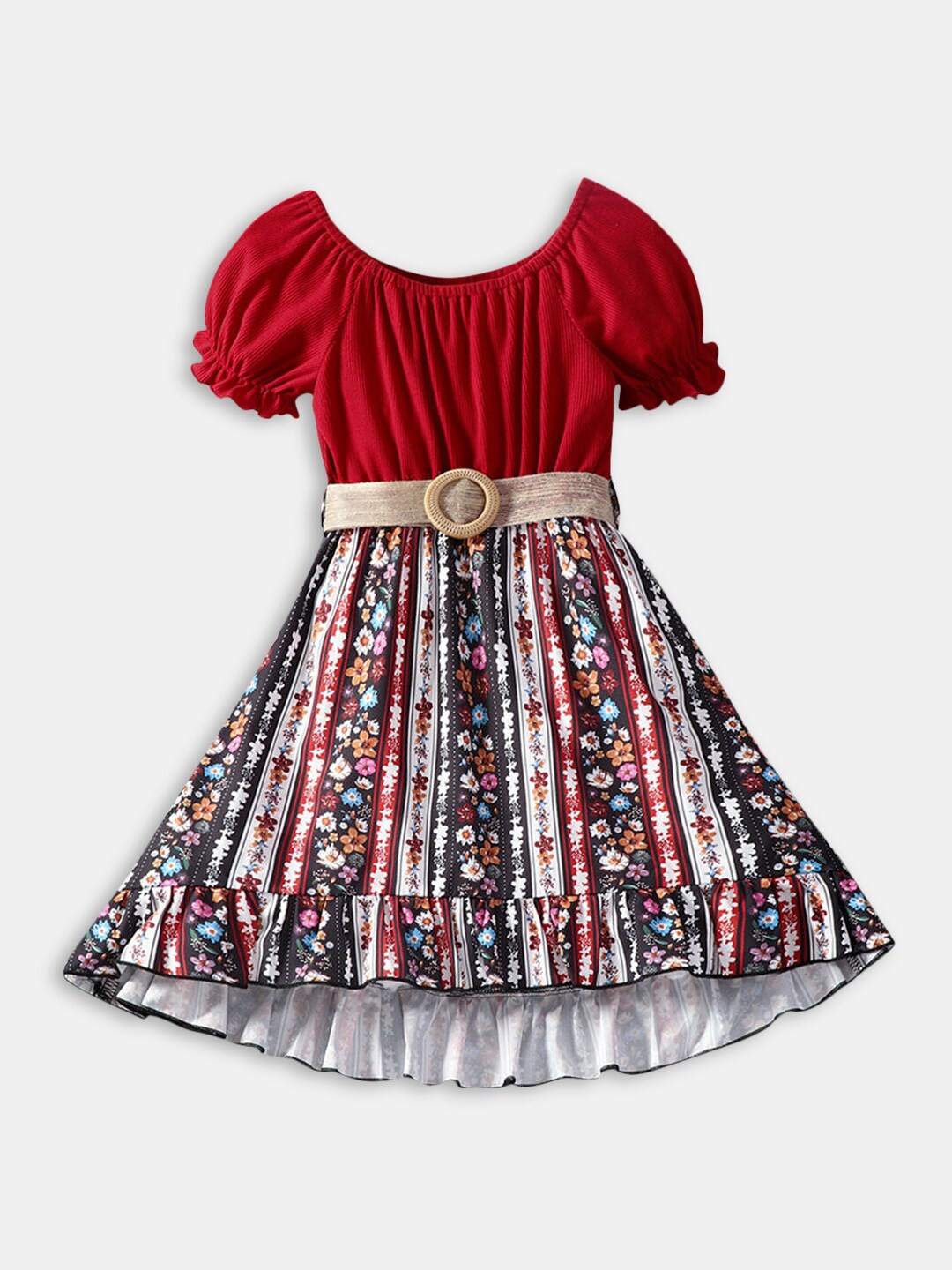 

Hopscotch Girls Red & Black Floral Printed A-Line Midi Dress