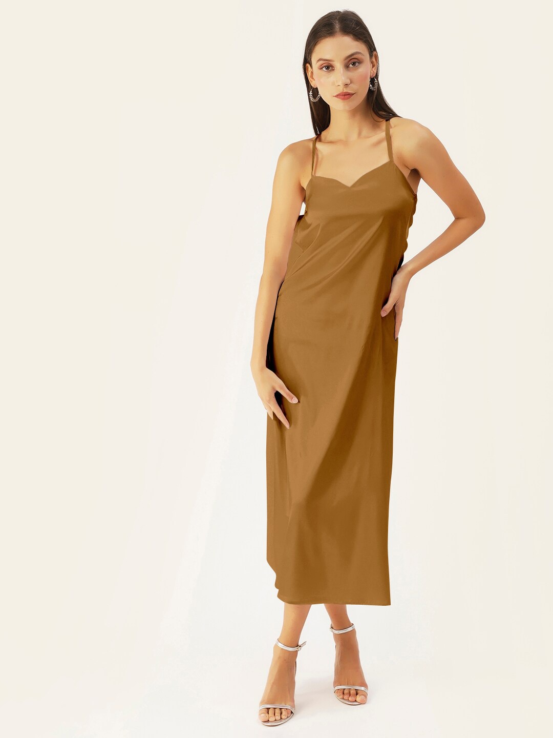 

DressBerry Women Camel Brown Solid Satin Maxi Dress