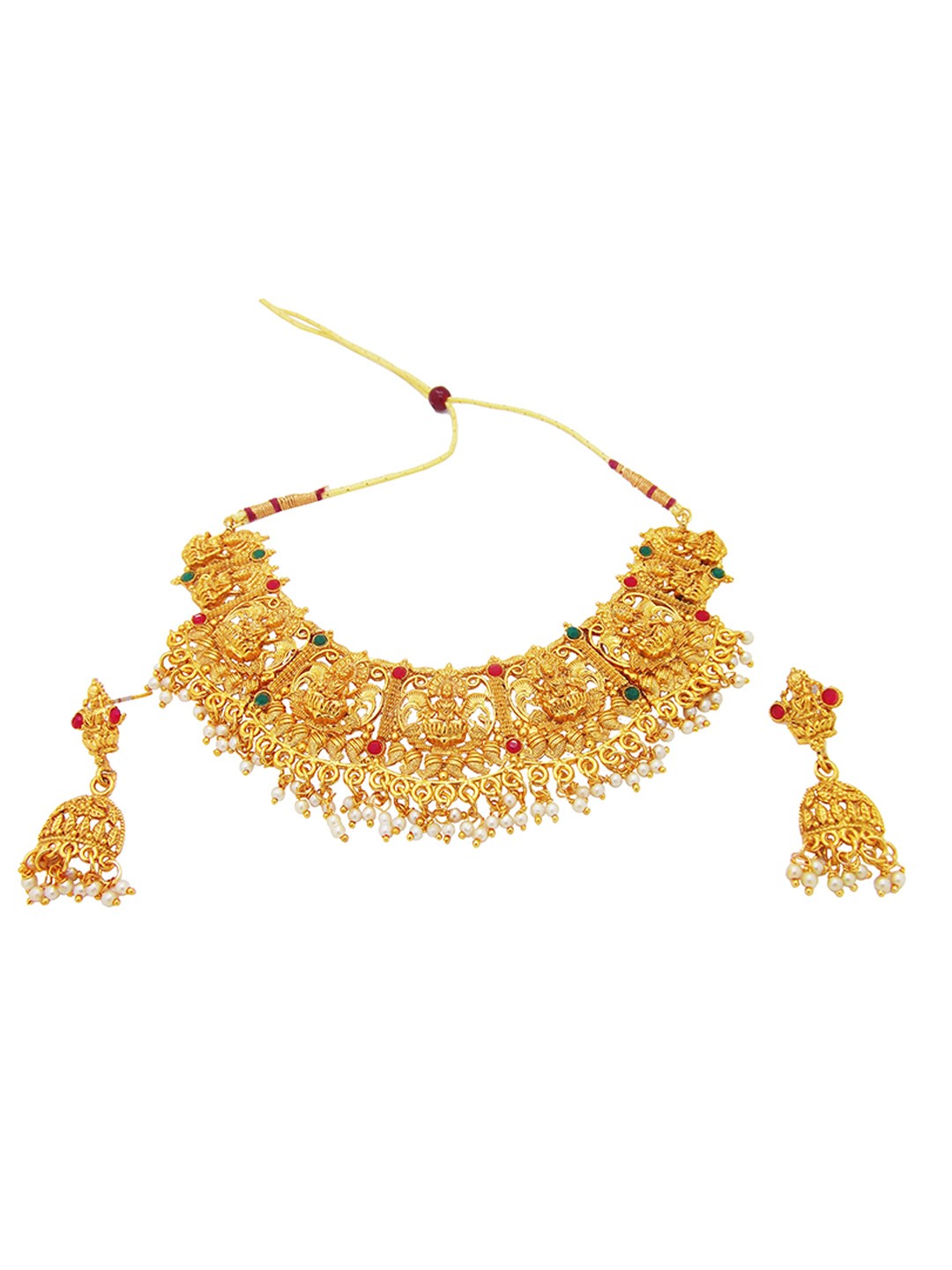 

FEMMIBELLA Women Gold-Plated Red & Green Stone-Studded & Beaded Temple Jewellery Set