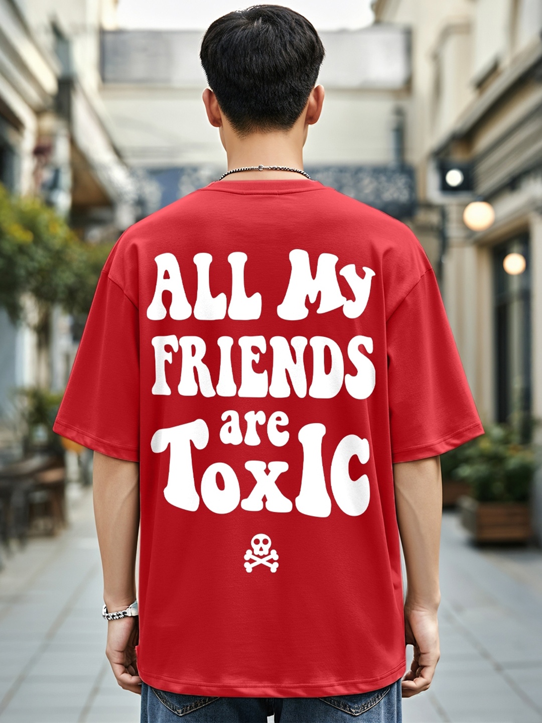 

Bewakoof Men Red Typography Printed Drop-Shoulder Sleeves Oversized Cotton T-shirt