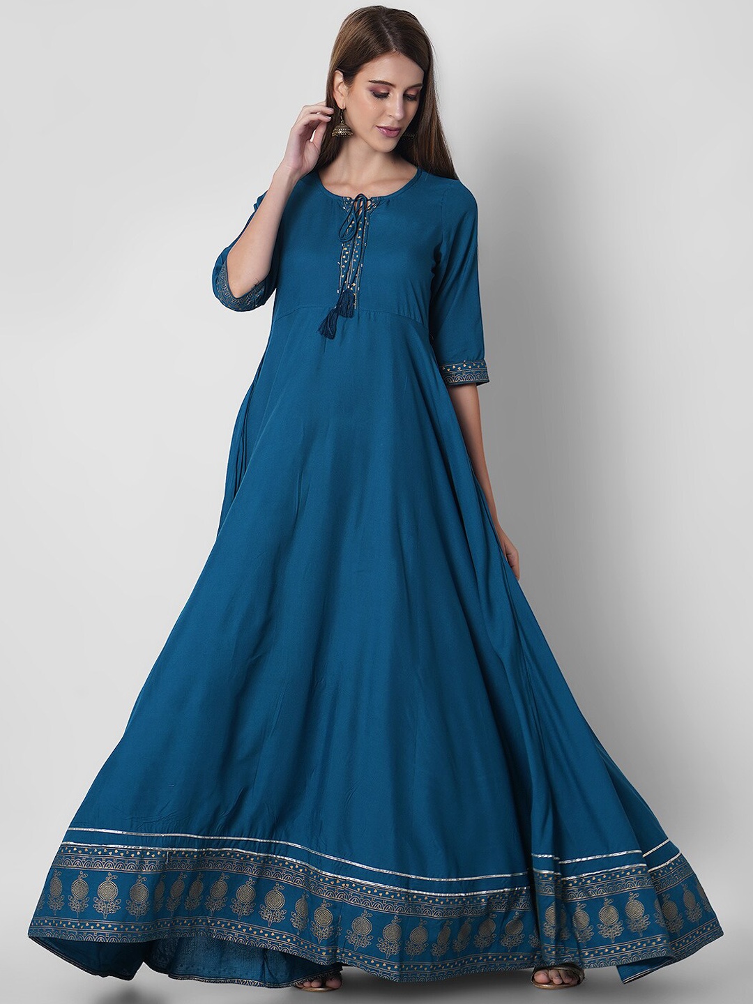 

Sanganeri Kurti Women Blue Handloom Anarkali Kurta