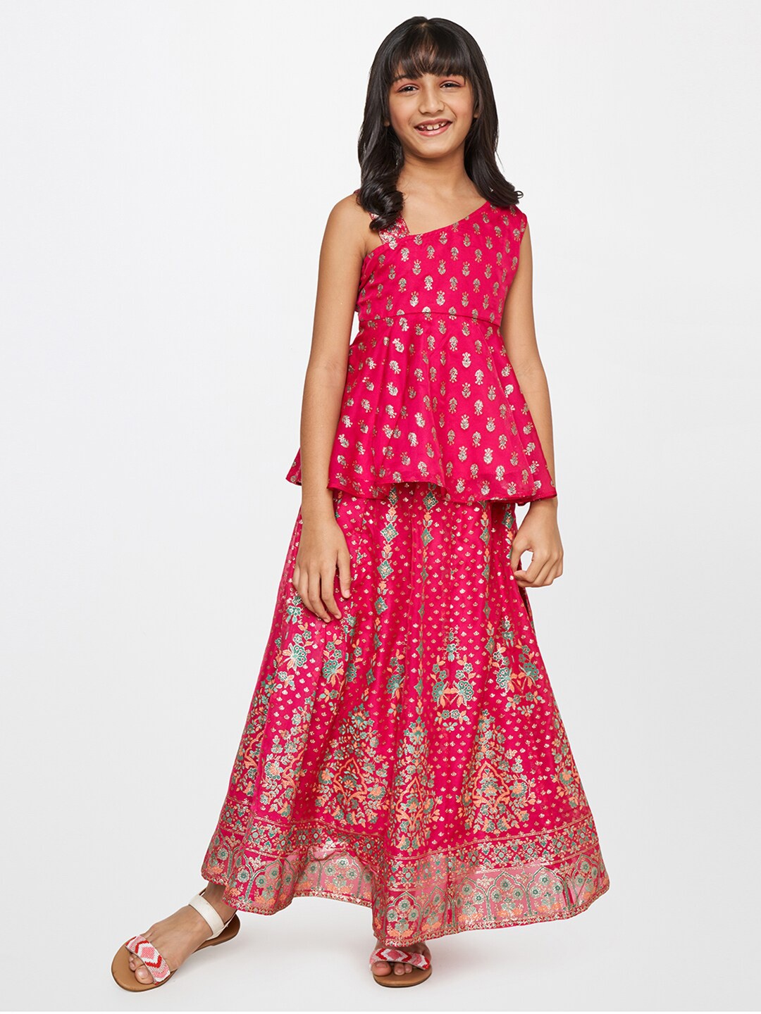 

Global Desi Girls Pink & Gold-Toned Printed Top with Skirt