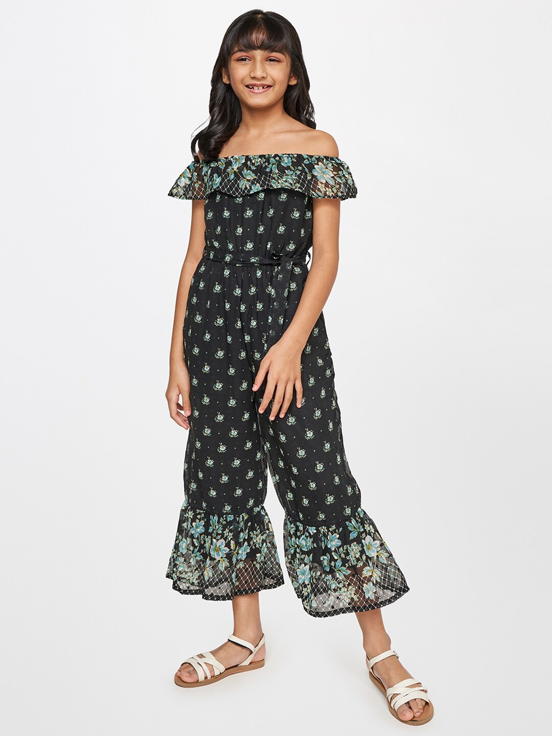 

Global Desi Girls Black & Green Off-Shoulder Printed Basic Jumpsuit