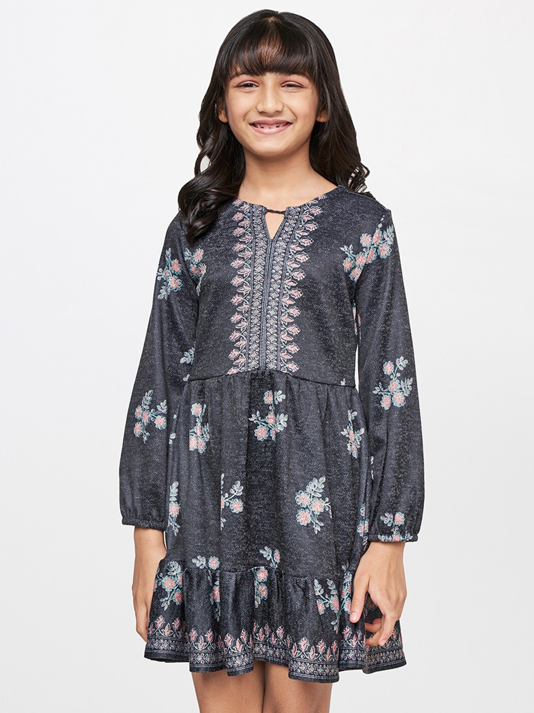 

Global Desi Girls Grey & Blue Floral Keyhole Neck A-Line Dress