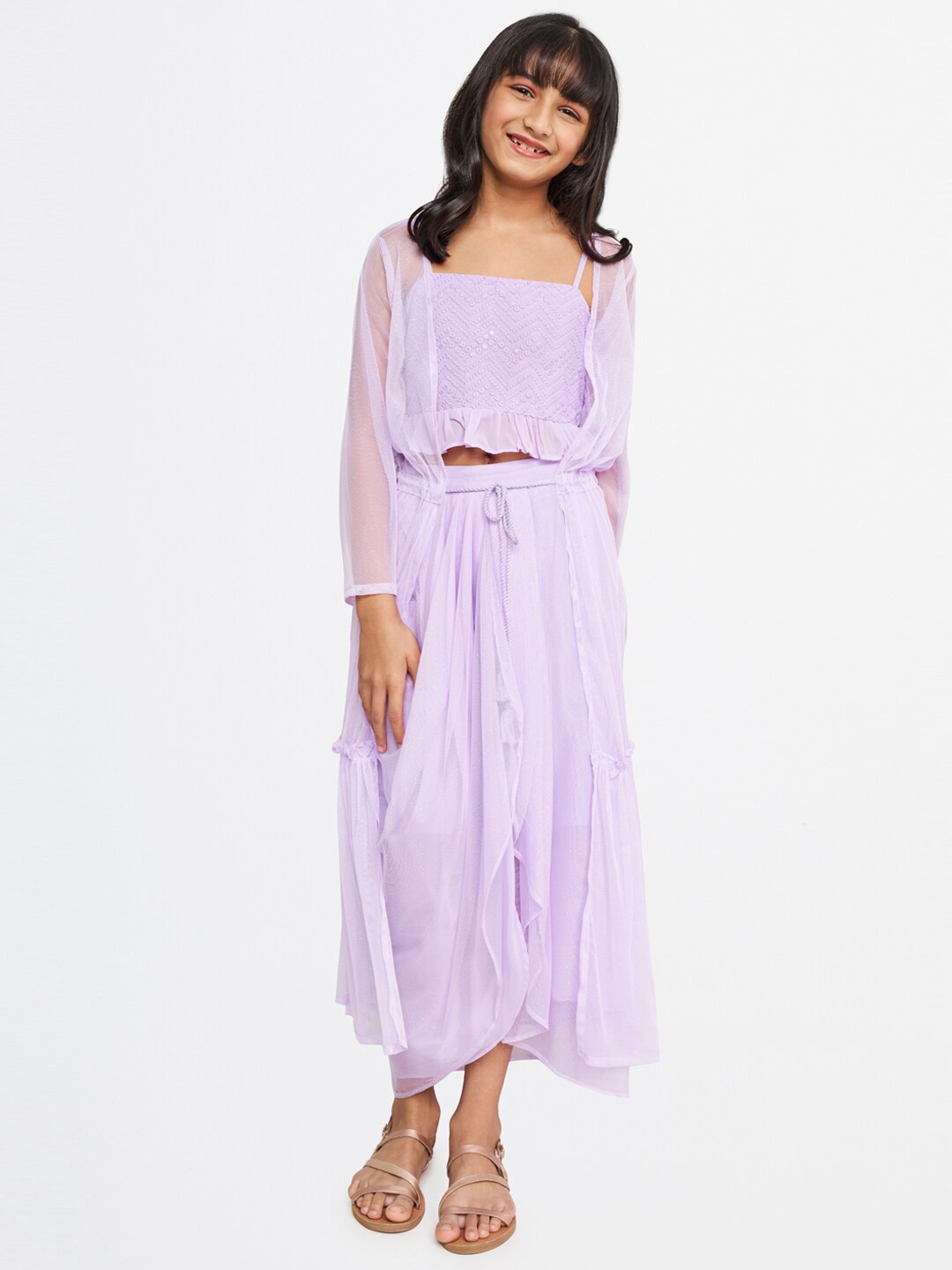 

Global Desi Girls Lavender Embellished Top with Skirt & Shrug