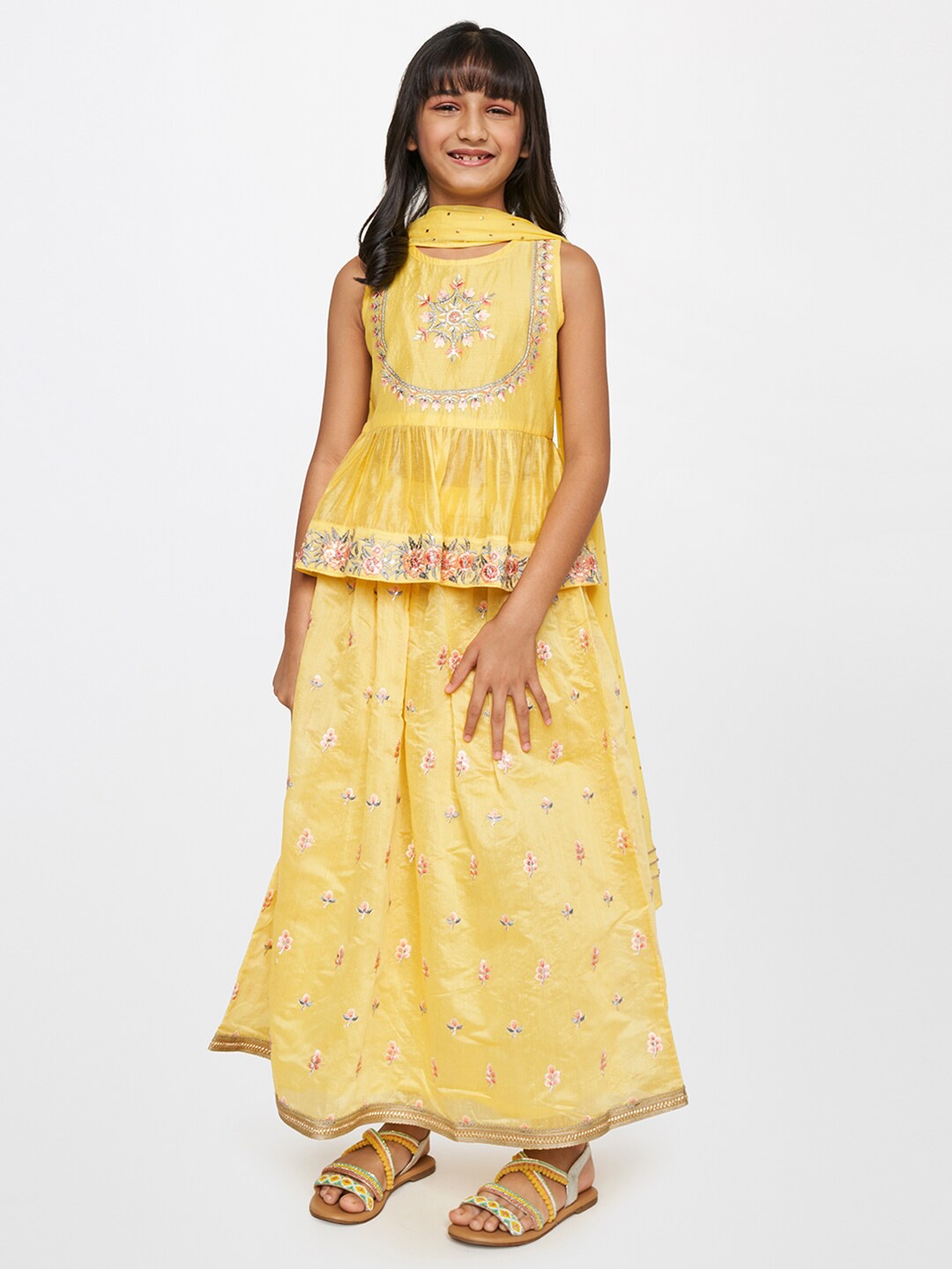 

Global Desi Girls Mustard & Pink Embroidered Semi-Stitched Lehenga & Blouse With Dupatta