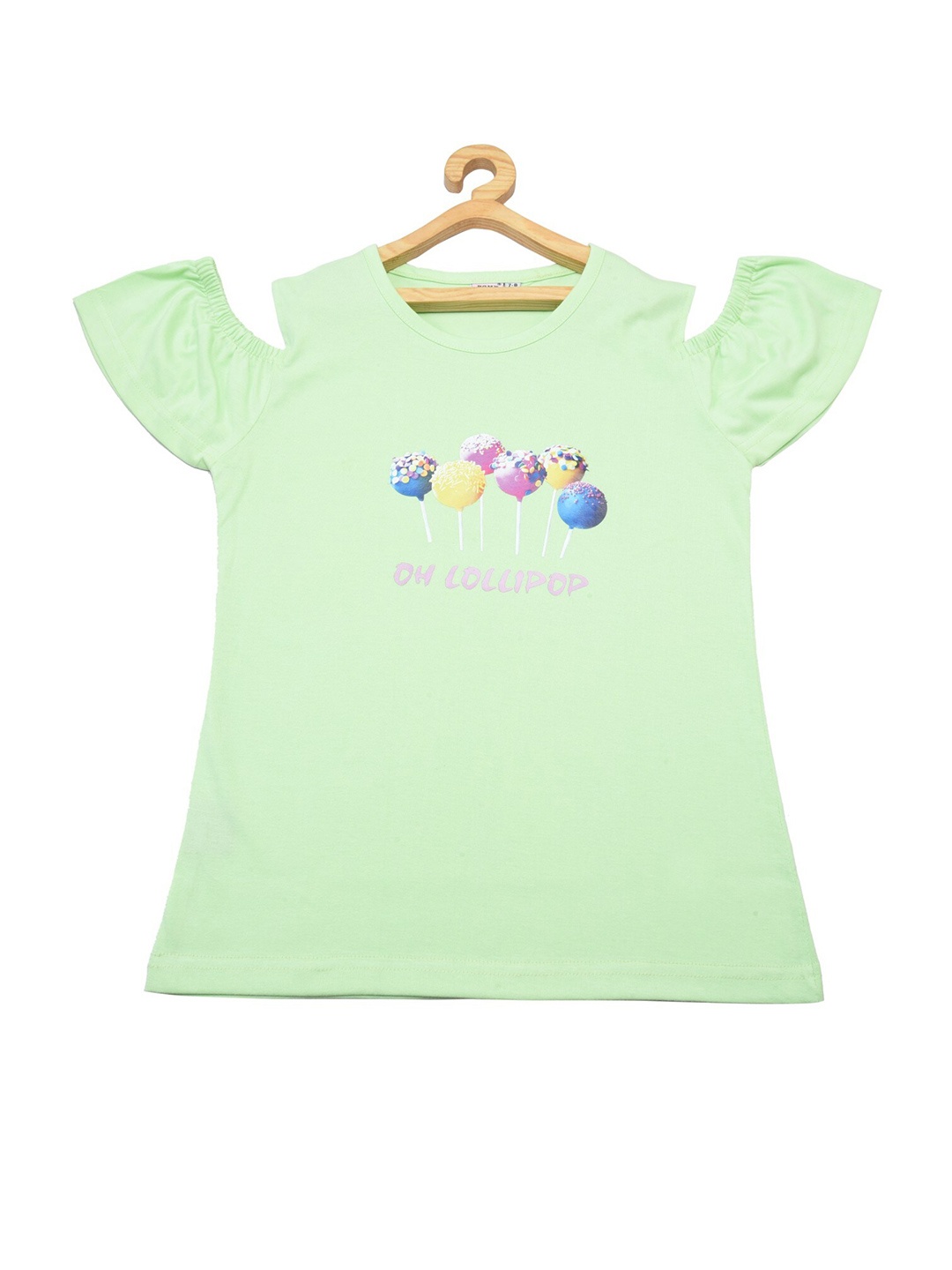 

POMY & JINNY Girls Sea Green & Pink Printed Cold Shoulder Pure Cotton Top