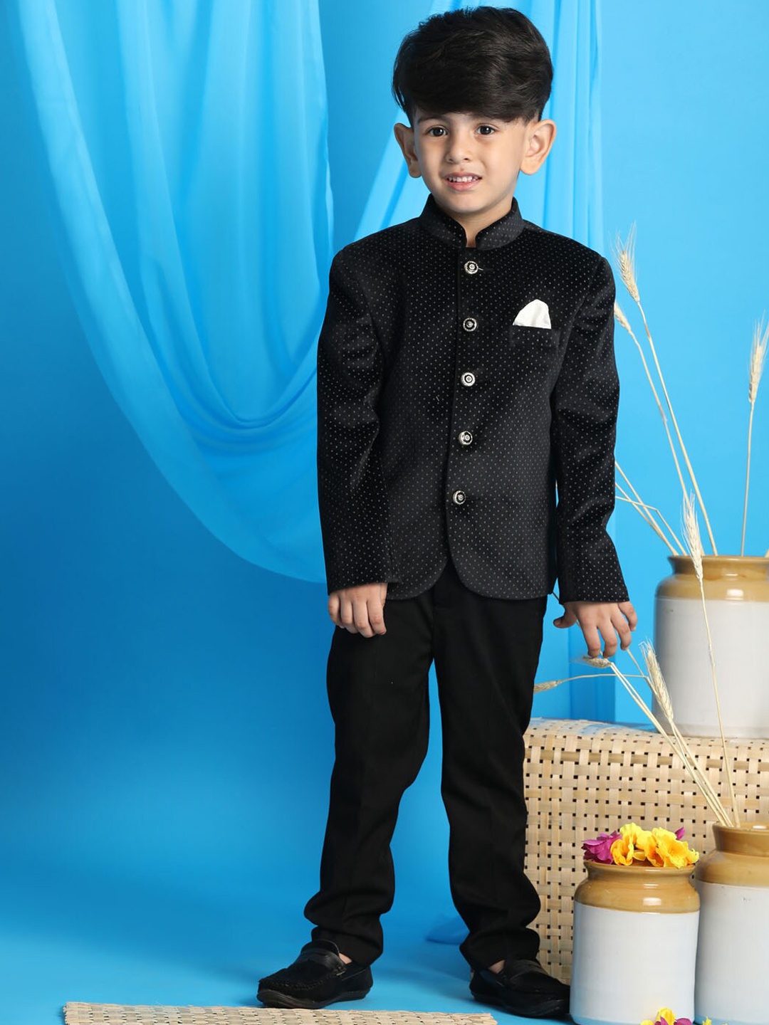 

VASTRAMAY Boys Black Polka Dot Printed Velvet Blazer