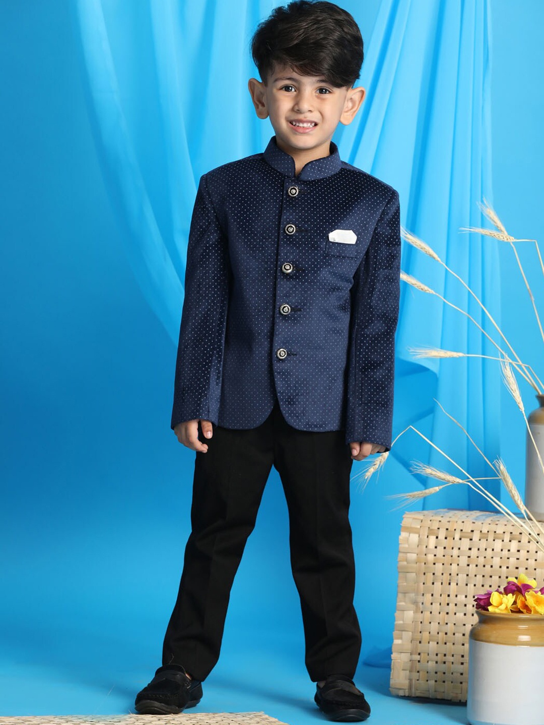 

VASTRAMAY Boys Blue Polka Dot Printed Velvet Jodhpuri Blazer