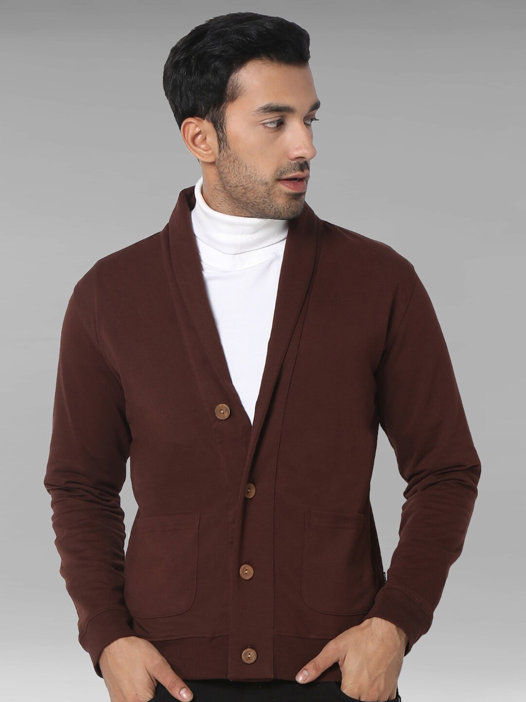 

Dream of Glory Inc Men Brown Solid Pure Cotton Cardigan Sweater
