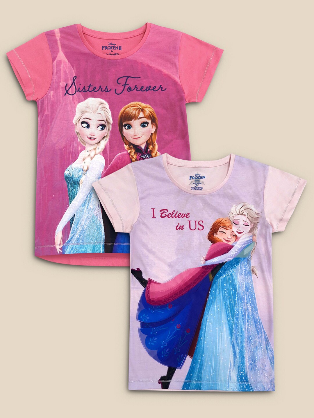 

Kids Ville Girls Pack of 2 Cotton Pink & Blue Frozen Printed T-shirt