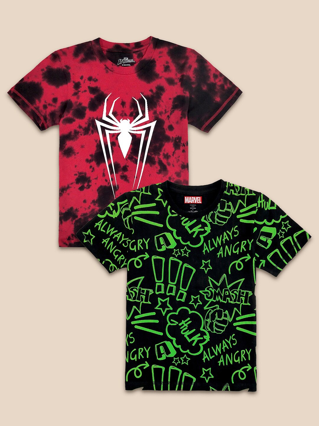 

Kids Ville Boys Pack of 2 Cotton Marvel Comic Printed Pure Cotton T-shirt, Multi