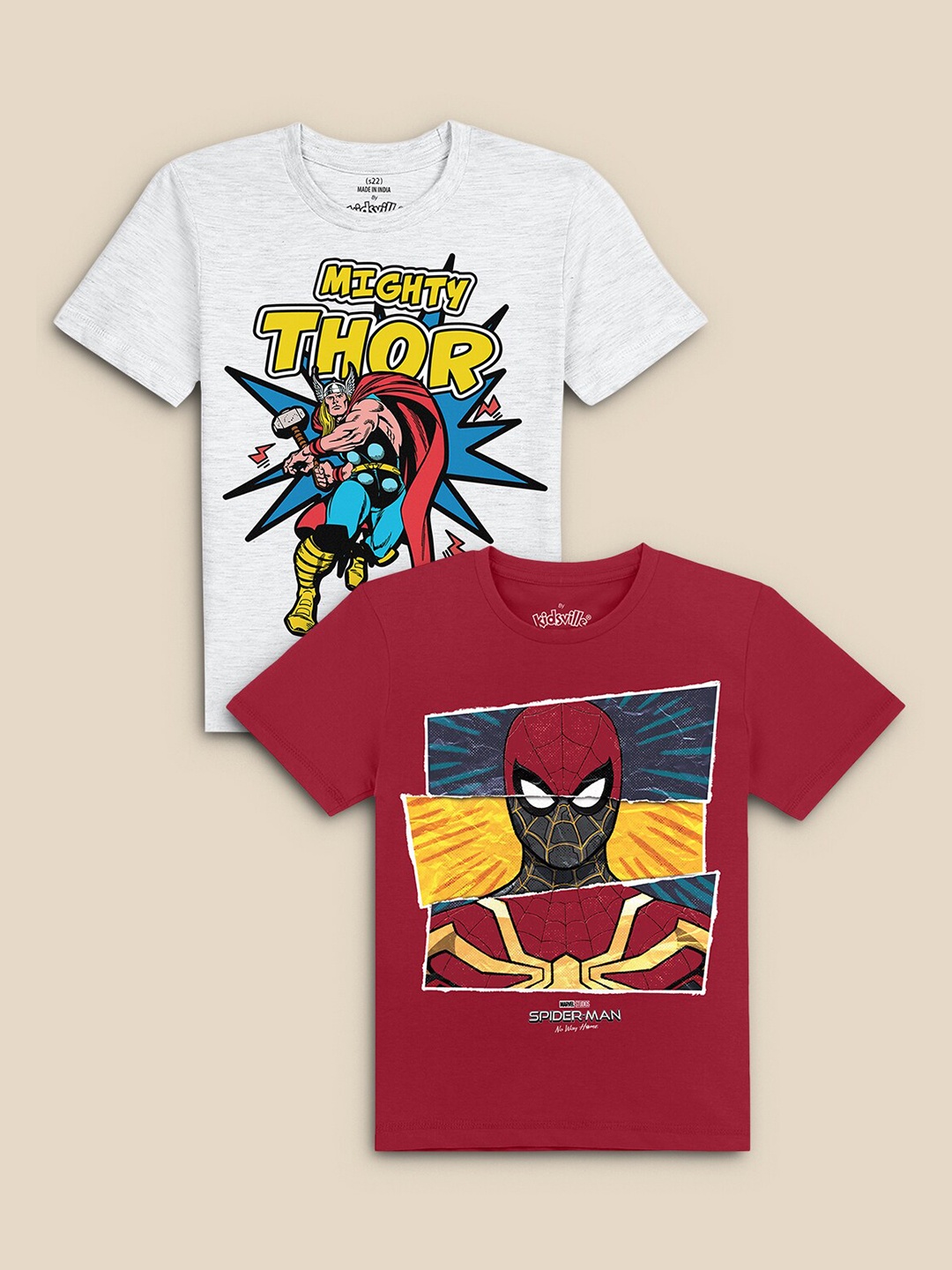 

Kids Ville Boys Pack Of 2 Red & White Printed Pure Cotton Marvel Comic T-shirt