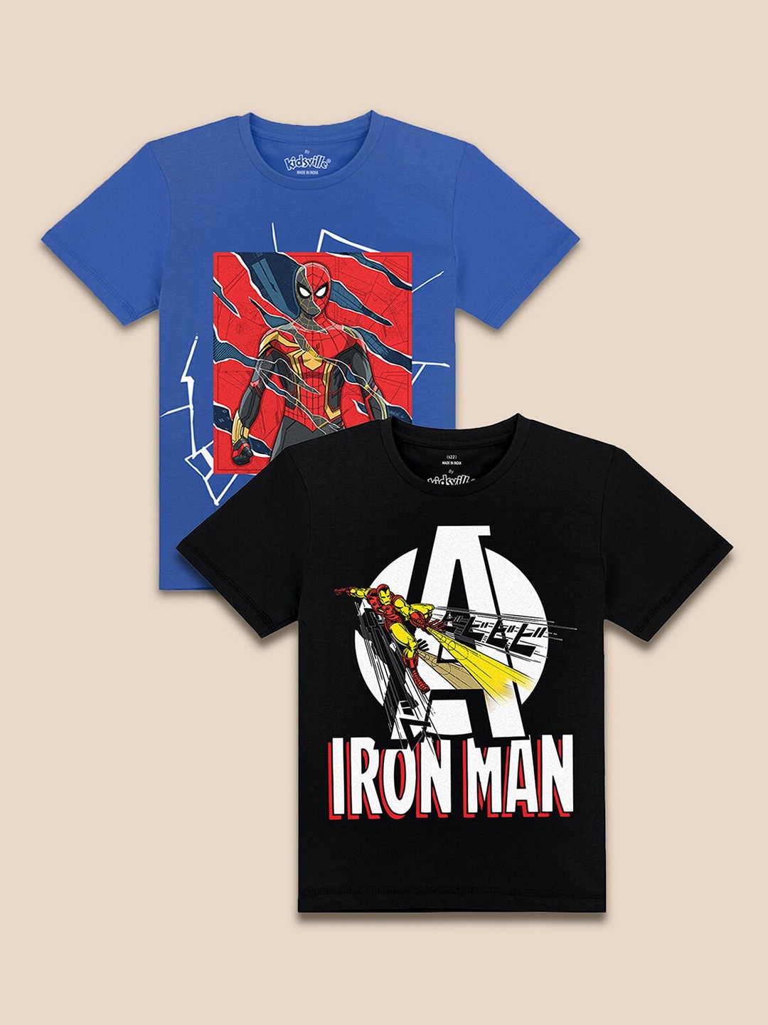 

Kids Ville Boys Pack Of 2 Blue & Black Marvel Comic Printed Pure Cotton T-shirt