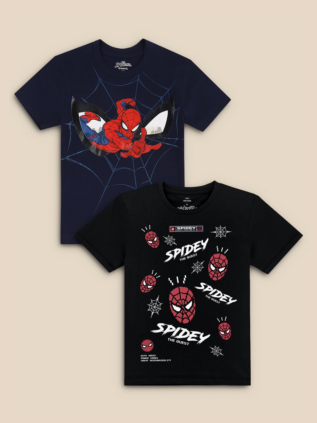 

Kids Ville Boys Pack Of 2 Black & Navy Blue Spider-Man Printed Pack Of 2 T-shirt