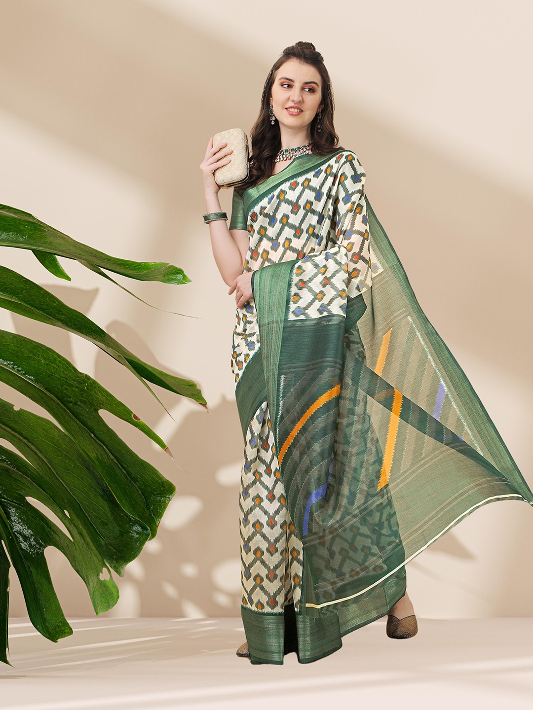 

KALINI Green & Red Leheriya Zari Silk Blend Fusion Mysore Silk Saree
