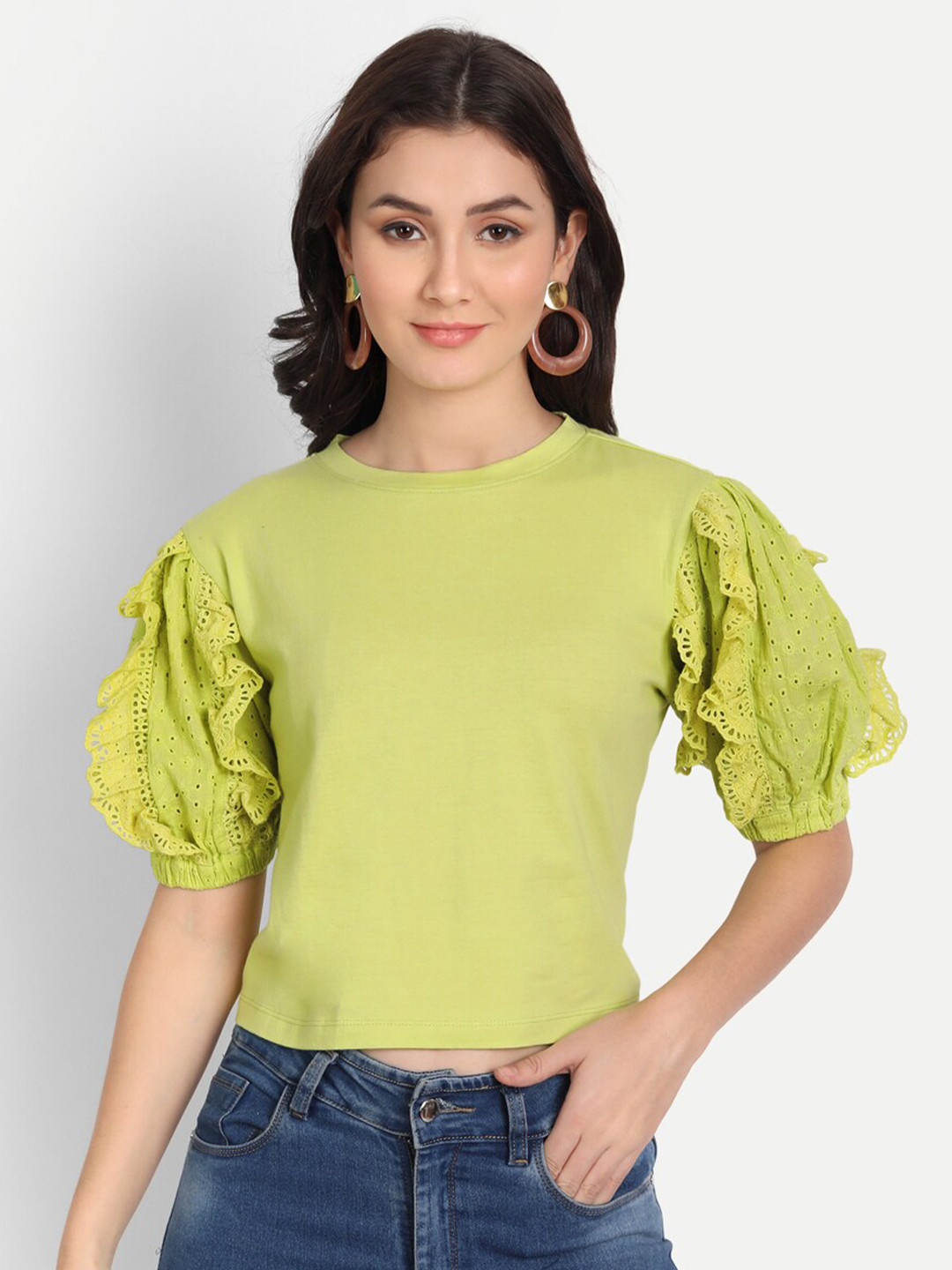 

Sttavoss Lime Green Cotton Solid Puff Sleeves schiffli Top
