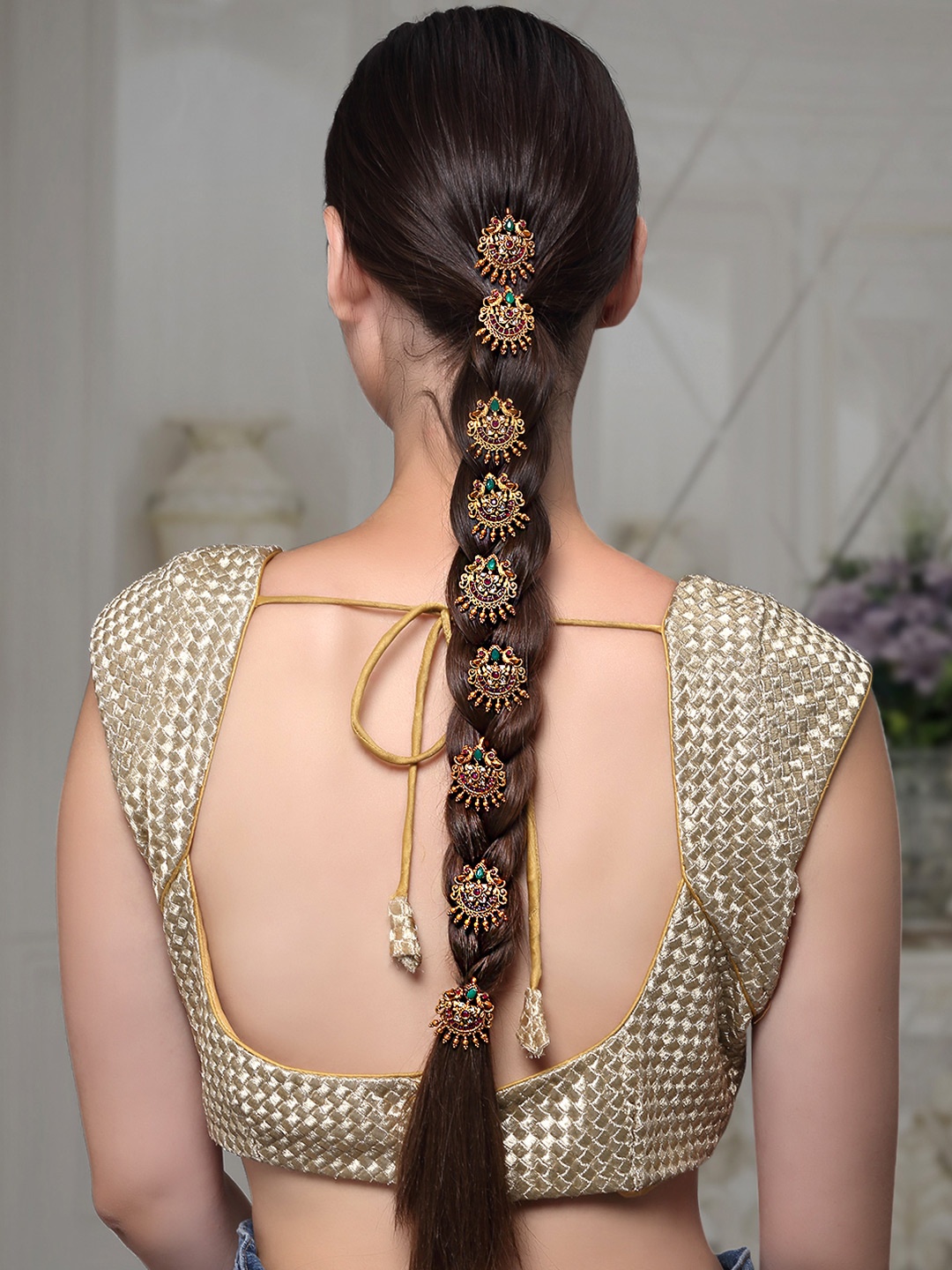 

Yellow Chimes 9 Pieces Gold-Plated Crystal Studded Choti Jadai Billai Bridal Hair Brooch