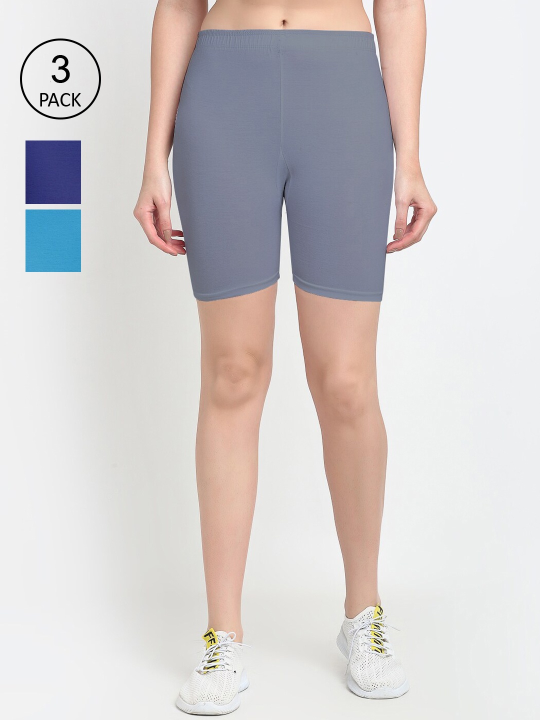 

GRACIT Women Pack Of 3 Grey Navy Blue & Turquoise Blue Cycling Sports Shorts