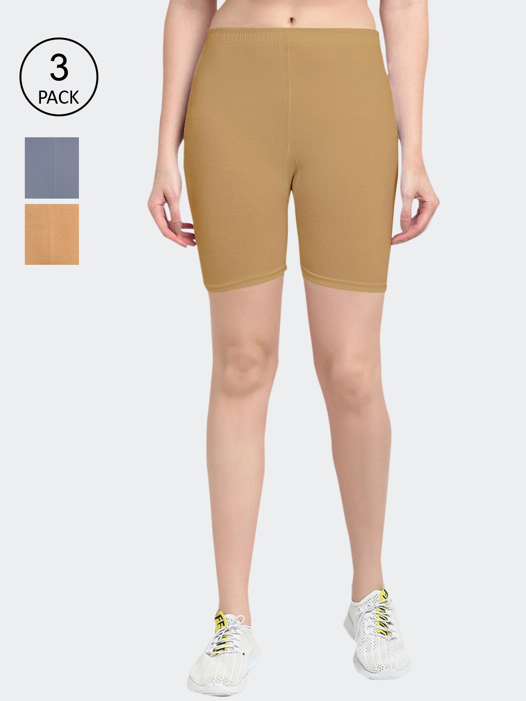 

GRACIT Women Grey & Mustard Pack Of 3 Cycling Sports Cotton Shorts