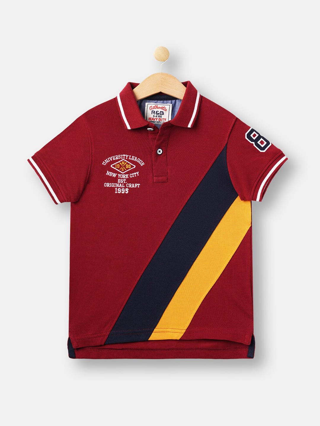 

R&B Boys Maroon Colourblocked Polo Collar Cotton T-shirt