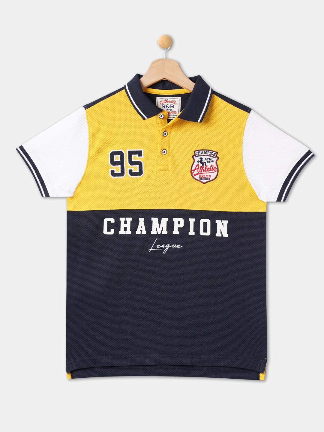 

R&B Boys Yellow & Black Colourblocked Polo Collar Cotton T-shirt