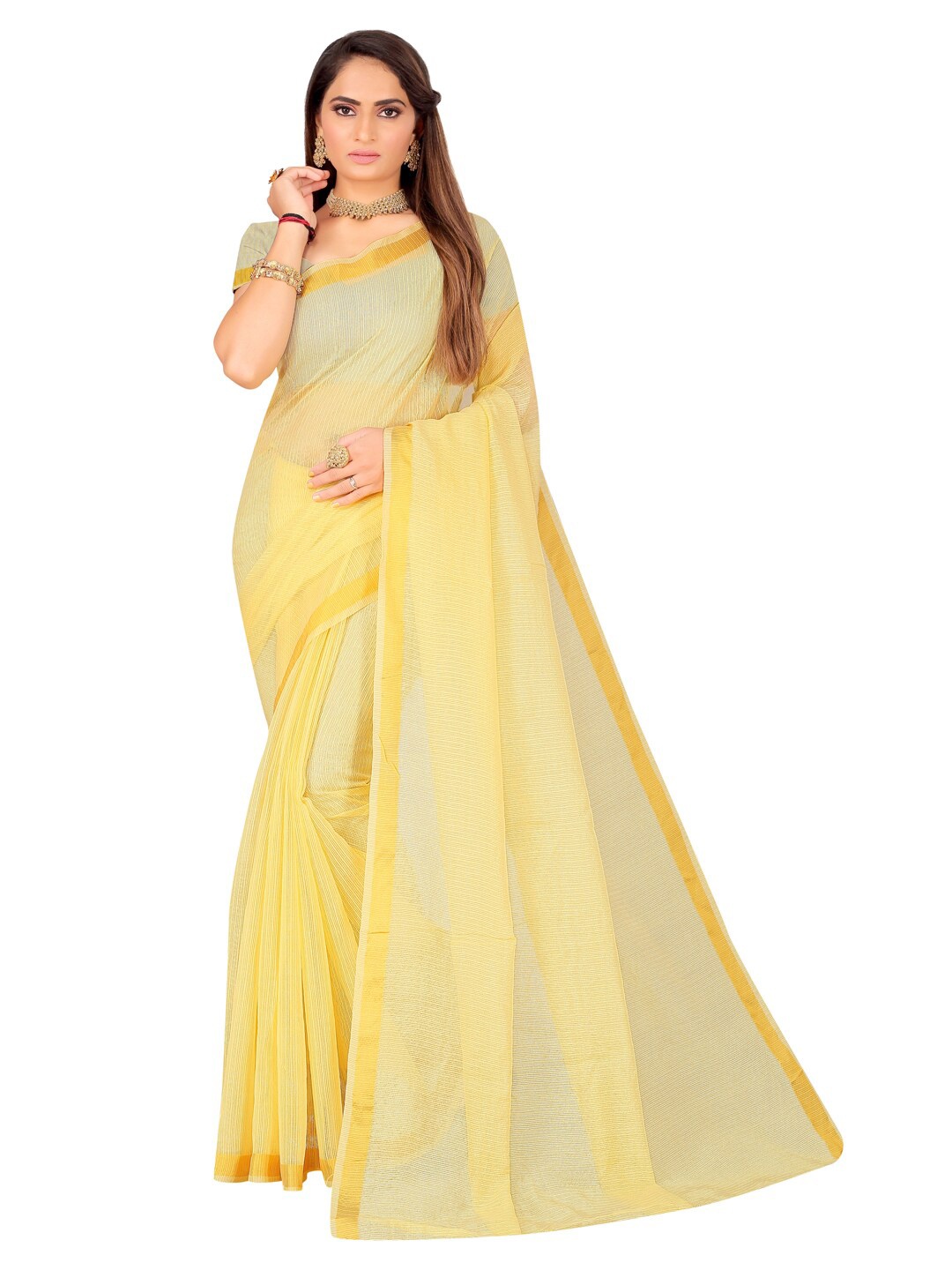 

KALINI Yellow & Gold-Toned Striped Zari Art Silk Saree