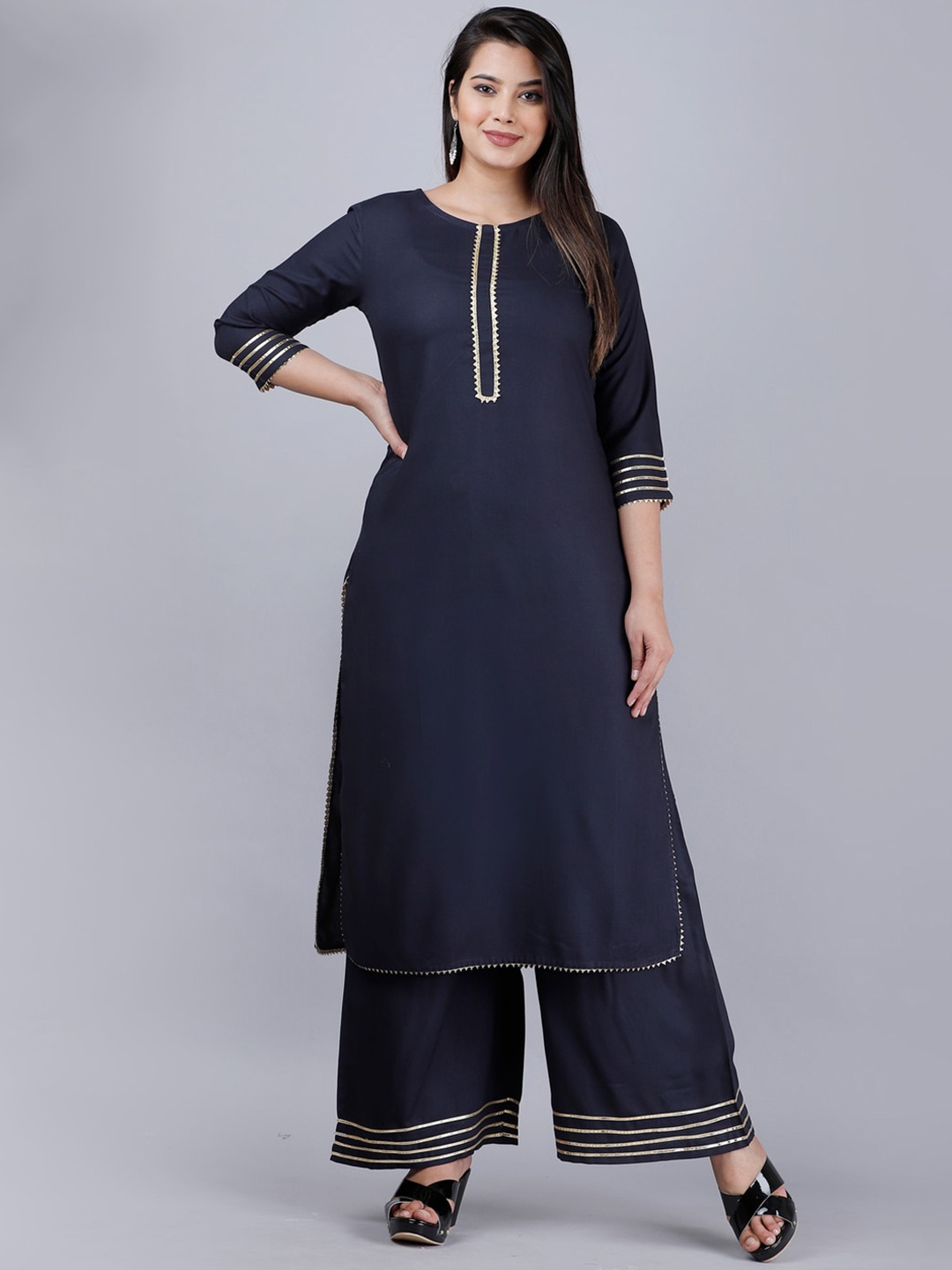 

MAUKA Women Navy Blue Solid Gotta Patti Straight Fit Kurta with Palazzos