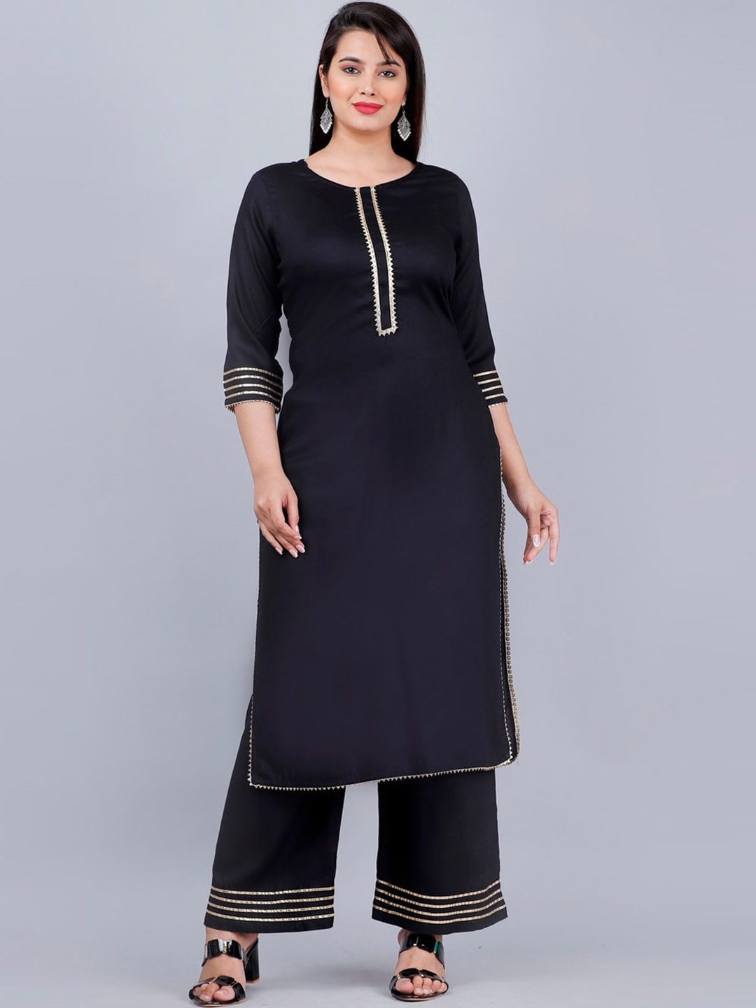 

MAUKA Women Black Solid Straight Cut Gotta Patti Kurta with Palazzos