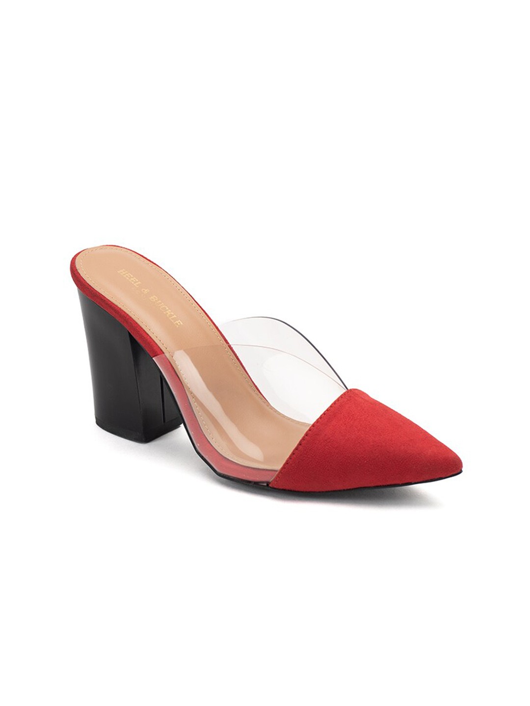 

Heel & Buckle London Red & Transparent Suede Block Mules