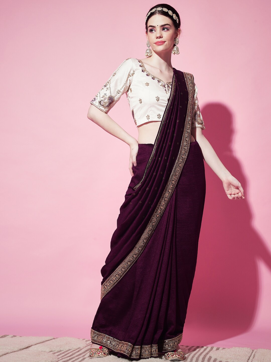 

SHUBHVASTRA Purple & Cream-Coloured Ethnic Motifs Embroidered Art Silk Saree