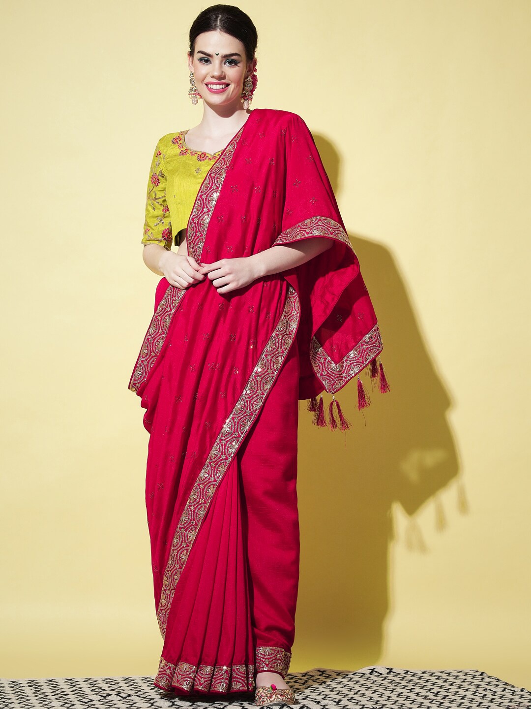 

SHUBHVASTRA Red & Silver-Toned Ethnic Motifs Embroidered Art Silk Saree