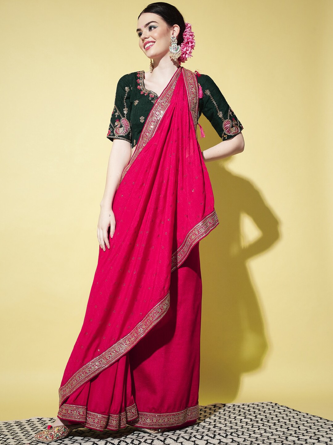 

SHUBHVASTRA Pink & Gold-Toned Floral Embroidered Art Silk Saree