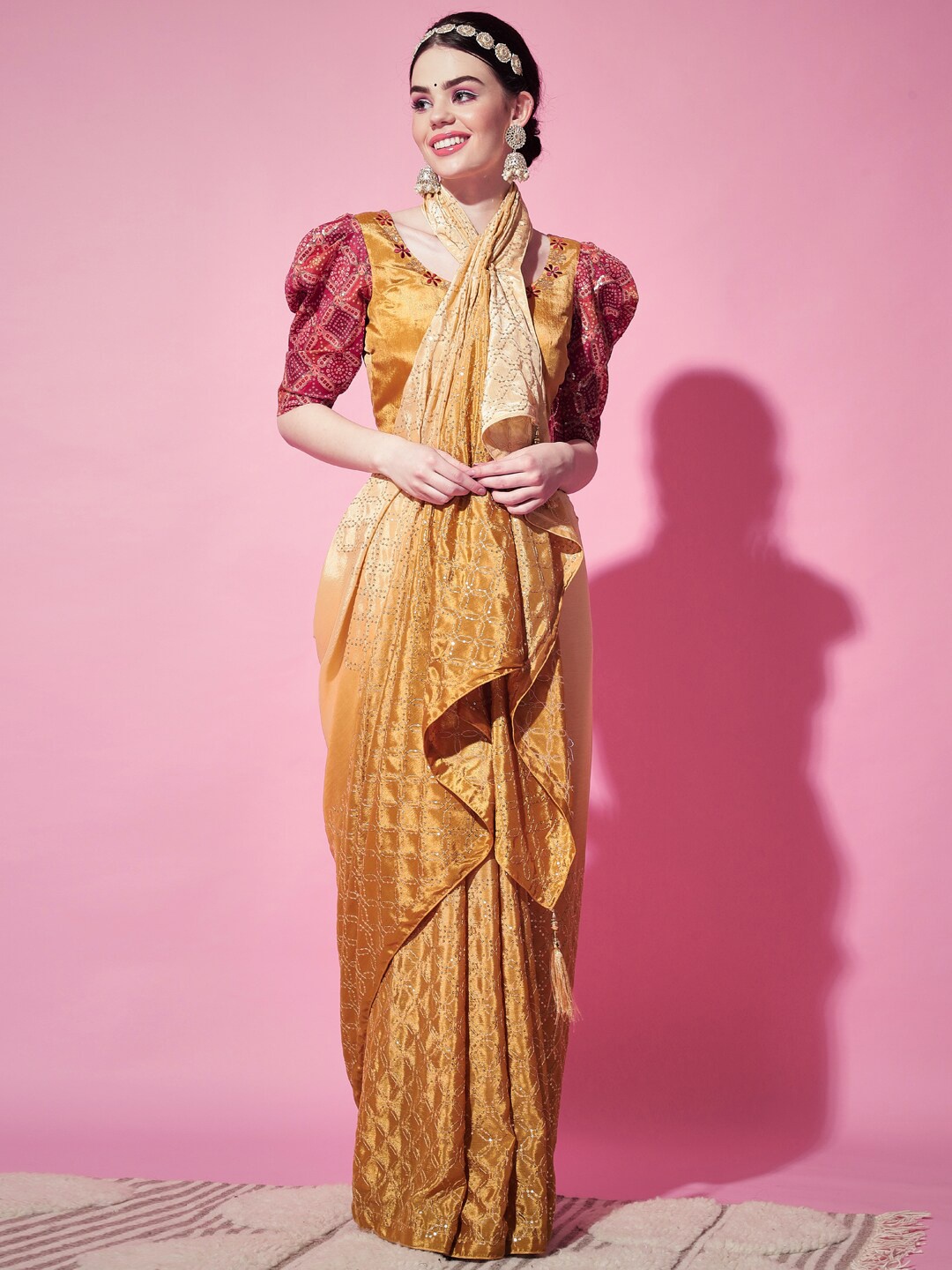 

SHUBHVASTRA Mustard & Cream-Coloured Ethnic Motifs Embroidered Art Silk Saree