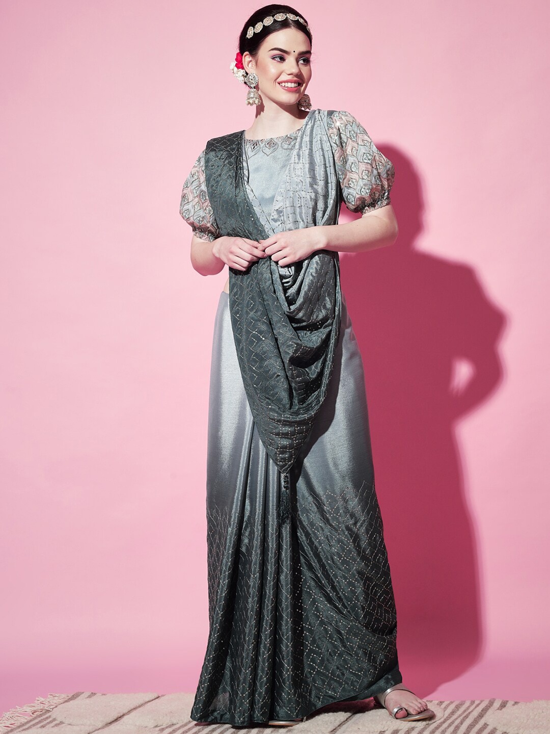 

SHUBHVASTRA Grey & Gold-Toned Ethnic Motifs Embroidered Art Silk Saree