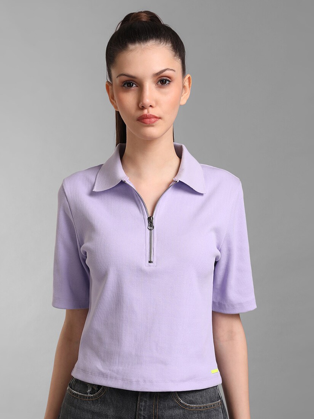 

Kazo Women Lavender Polo Collar Cotton T-shirt