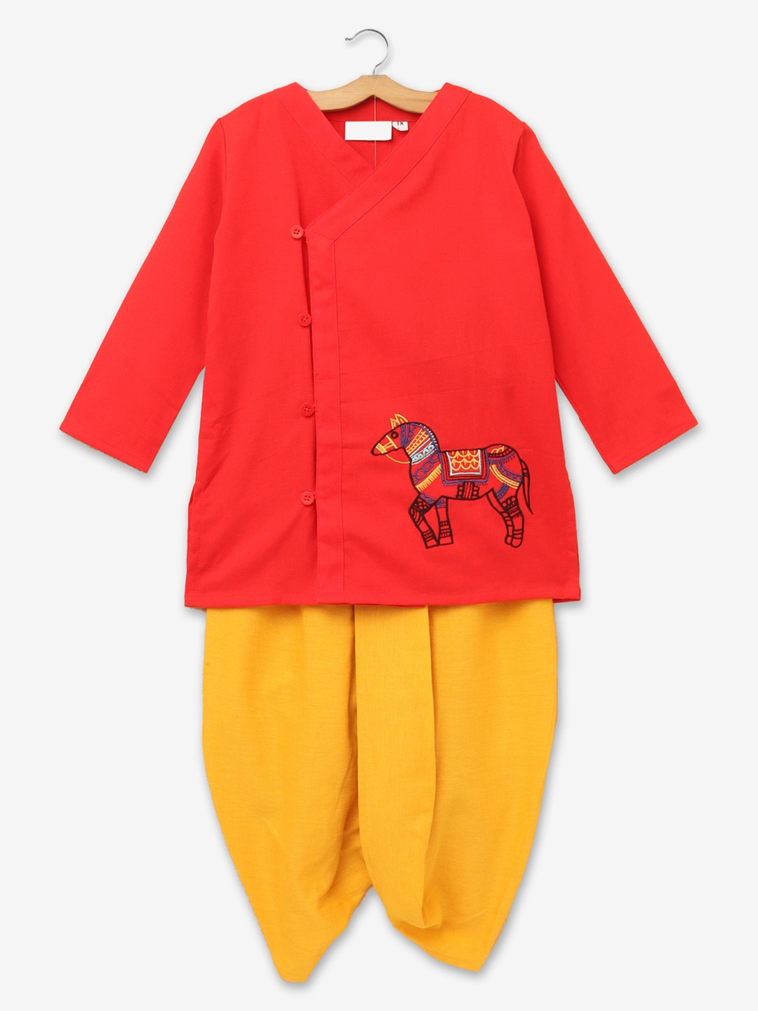 

Hopscotch Boys Red Ethnic Motifs Embroidered Pure Cotton Kurta with Dhoti Pants