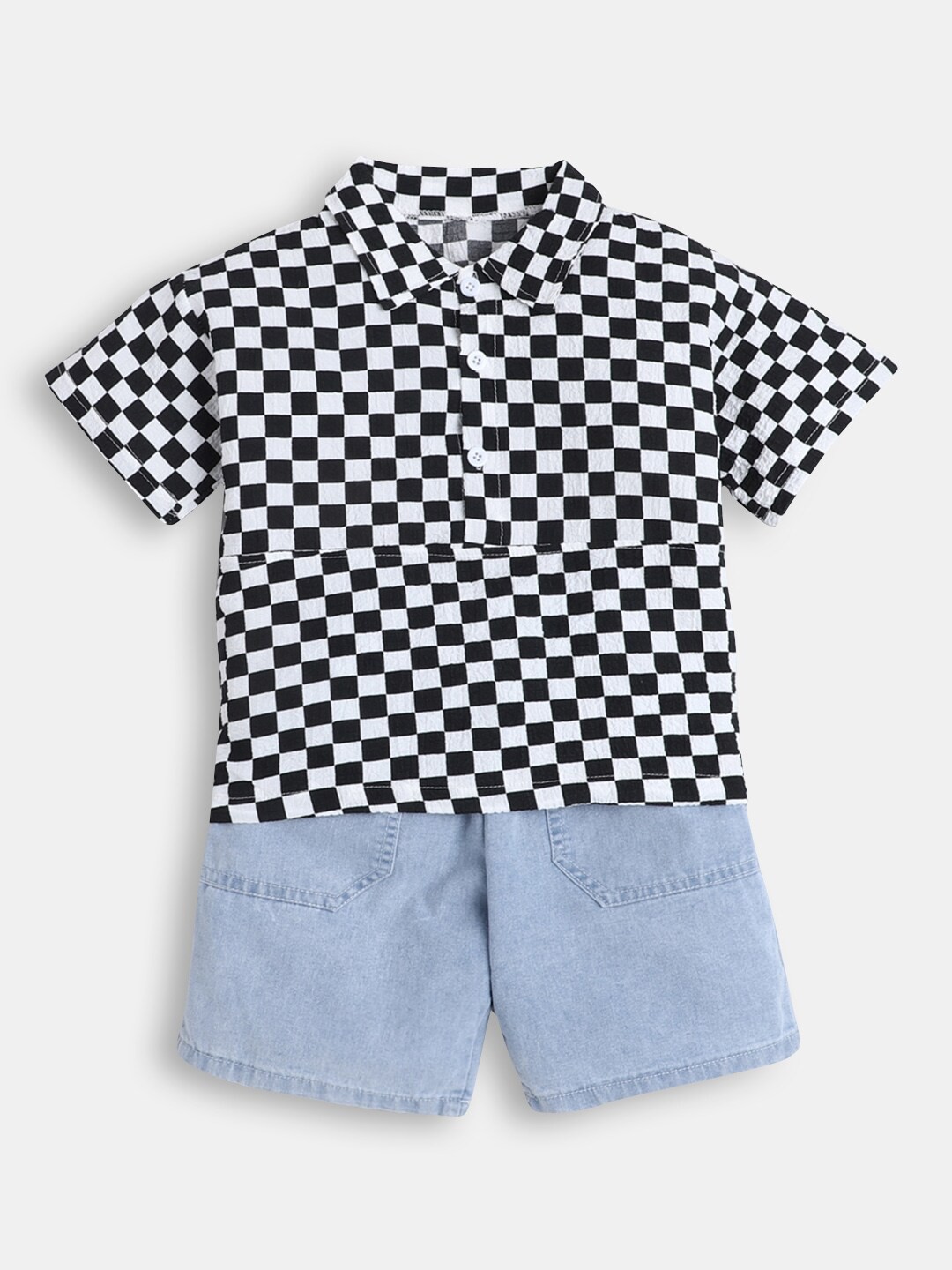 

Hopscotch Boys Black & White Checked Cotton Blend Shirt with Shorts