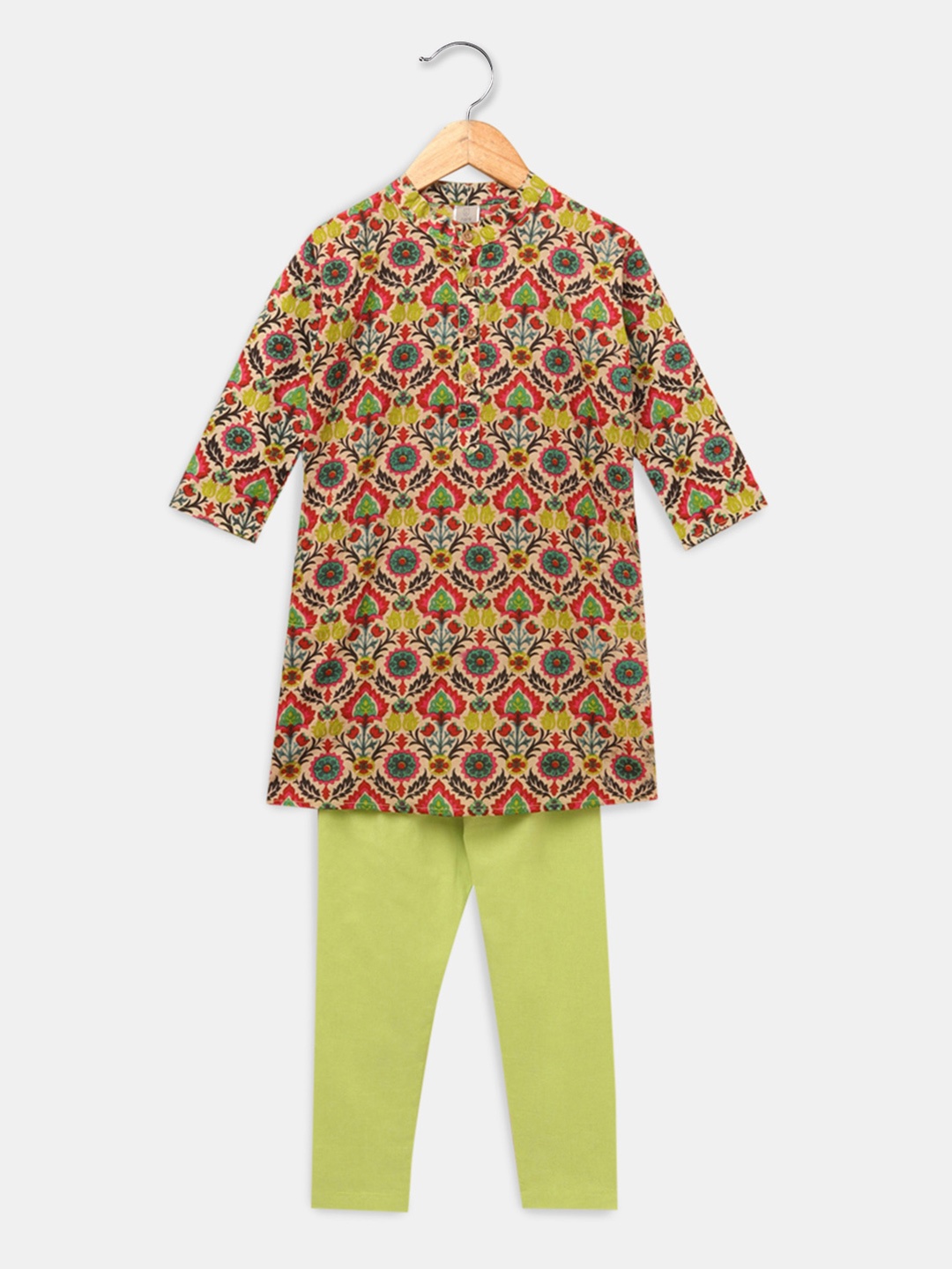 

Hopscotch Boys Red Floral Printed Pure Cotton Kurta with Pyjamas