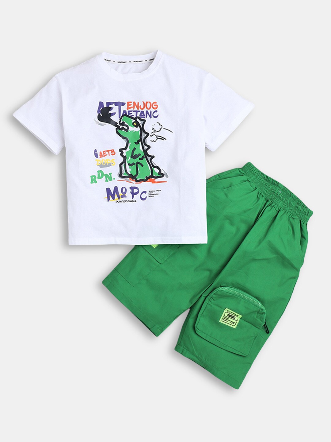 

Hopscotch Boys White & Green Printed T-shirt with Shorts