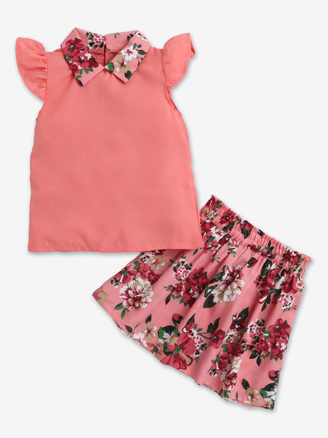 

Hopscotch Girls Pink & Green Floral Printed Top with Skirt Set