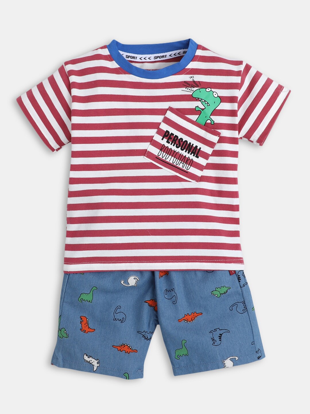

Hopscotch Boys Red & Blue Striped Cotton T-shirt with Shorts