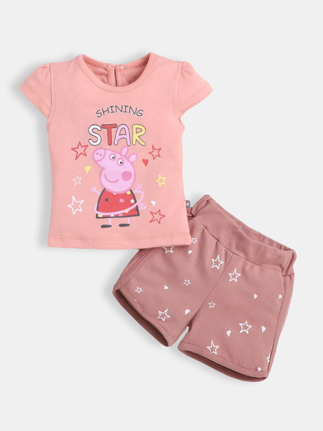 

Hopscotch Girls Peach-Coloured & Mauve Printed Pure Cotton Top with Shorts