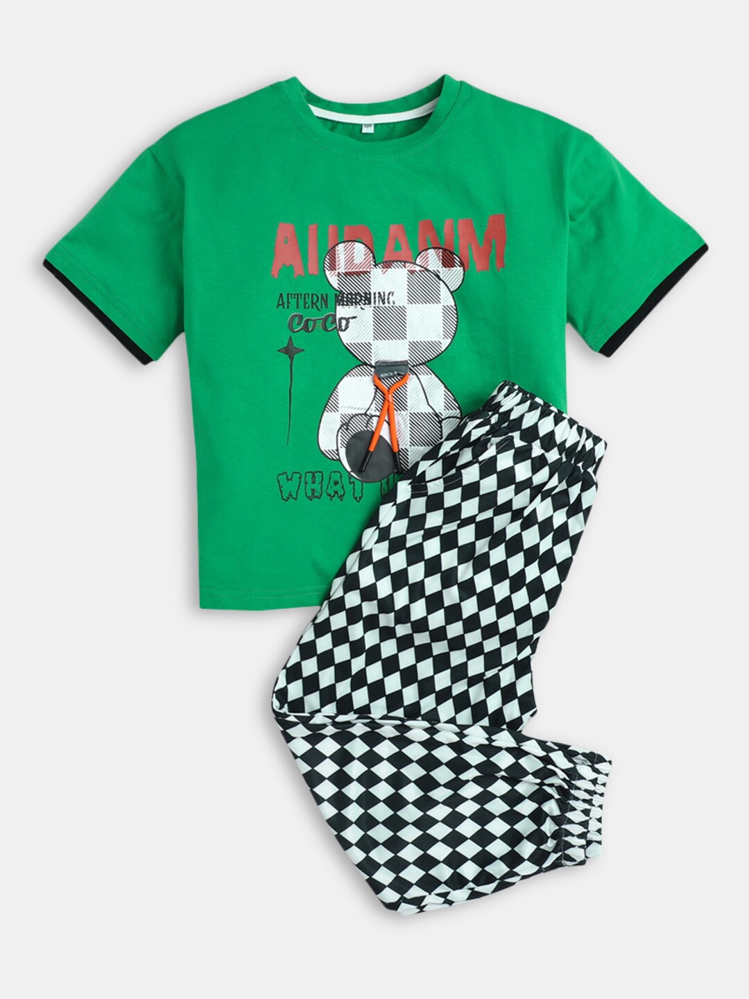 

Hopscotch Boys Green & White Printed Cotton T-shirt with Trousers