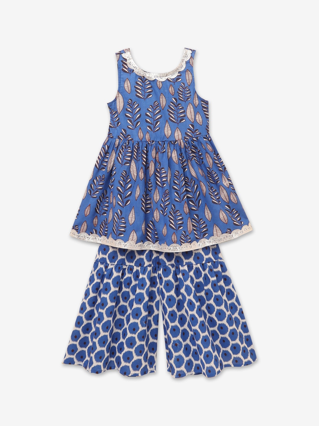 

Hopscotch Girls Blue Floral Printed Pure Cotton Kurta with Sharara