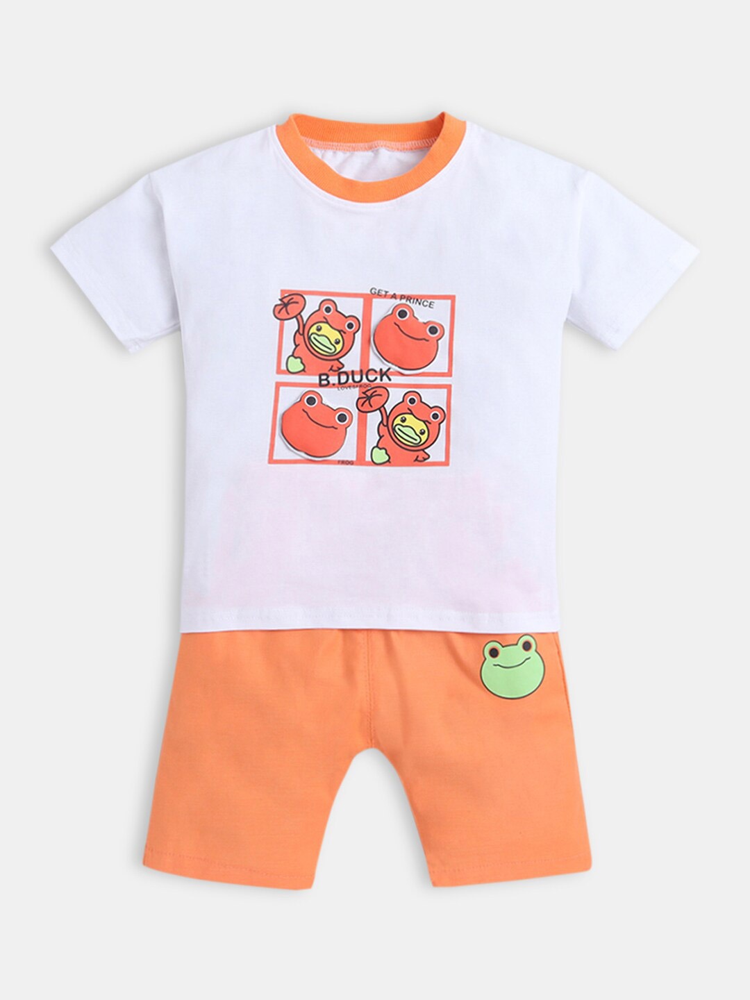 

Hopscotch Boys White & Orange Printed Pure Cotton T-shirt with Shorts Set