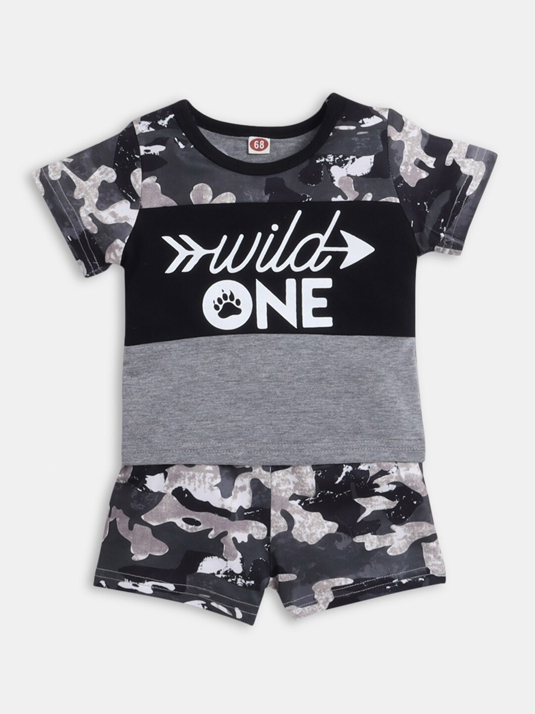 

Hopscotch Boys Grey & White Cotton Printed Top with Shorts Clothing Set